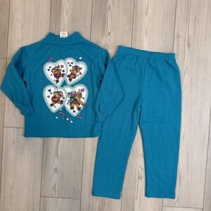 NEW Vintage New Moves Blue Flower Teddy Bear Sweatshirt Sweatpants Set Girls 6